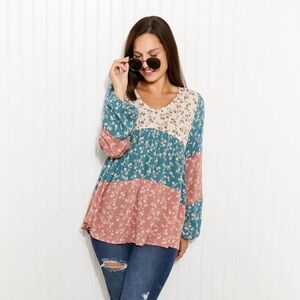 ODDI Full Size Contrast Floral Babydoll Blouse Size L Large Floral Patchwork